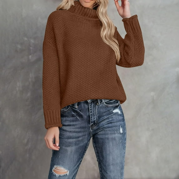 Women's Solid Color Turtleneck Sweater, Loose Fit Knit Pullover with Long Sleeves, Soft Stretchy High Neck Top, Comfortable Casual Winter Wear for Everyday Outfits and Relaxation Coffee L
