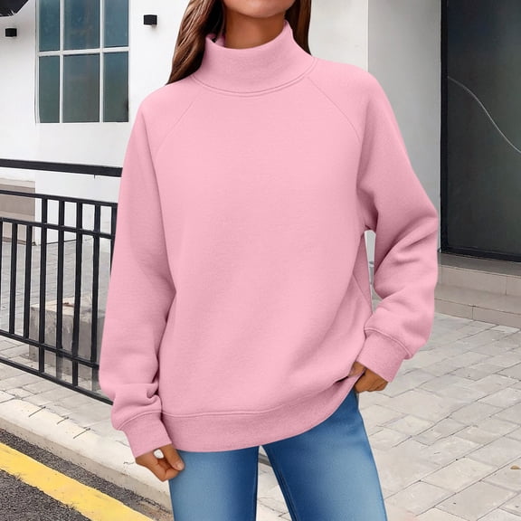 Women's Solid Color Turtleneck Sweatshirt,Raglan Sleeve Pullover Top,Casual Loose Fit Streetwear,Comfortable Fleece Lined Crewneck Sweatshirt for Women,Oversized Casual Wear for Daily Use Pink