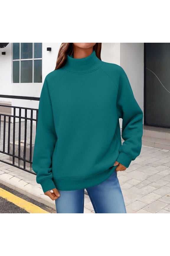 Women's Solid Color Turtleneck Sweatshirt,Raglan Sleeve Pullover Top,Casual Loose Fit Streetwear,Comfortable Fleece Lined Crewneck Sweatshirt for Women,Oversized Casual Wear for Daily Use Navy