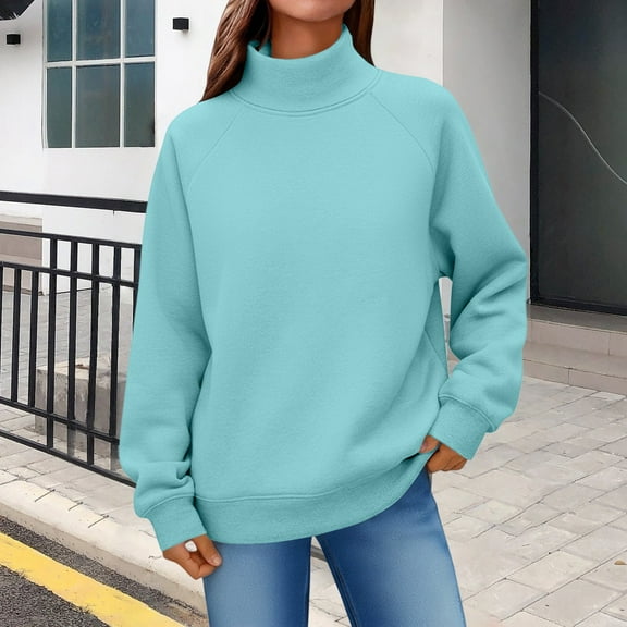 Women's Solid Color Turtleneck Sweatshirt,Raglan Sleeve Pullover Top,Casual Loose Fit Streetwear,Comfortable Fleece Lined Crewneck Sweatshirt for Women,Oversized Casual Wear for Daily Use Sky Blue