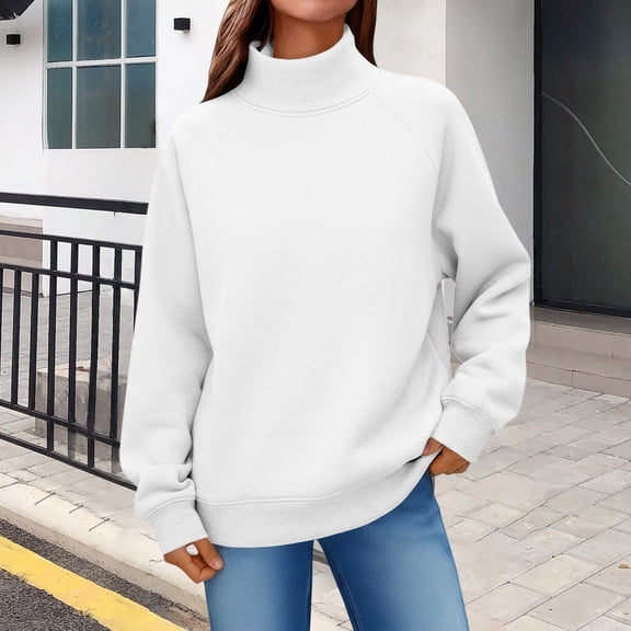 Women's Solid Color Turtleneck Sweatshirt,Raglan Sleeve Pullover Top,Casual Loose Fit Streetwear,Comfortable Fleece Lined Crewneck Sweatshirt for Women,Oversized Casual Wear for Daily Use White