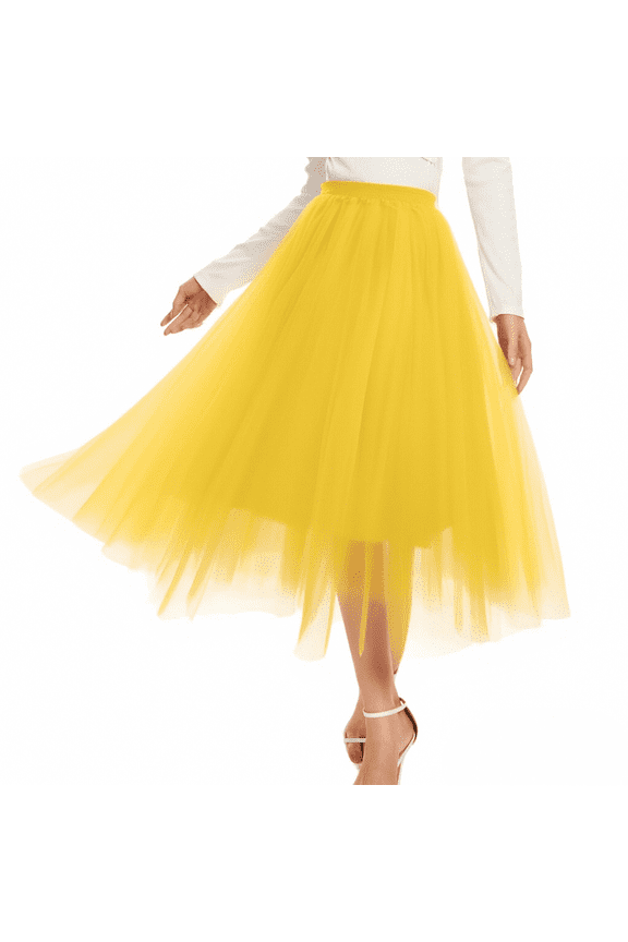Women's Solid Color Tutu Skirt, High Waist A Line Midi Tulle Skirt with Elastic Waistband, Fluffy Layered Mesh Party Skirt for Prom, Wedding, Halloween and Daily Wear Yellow M