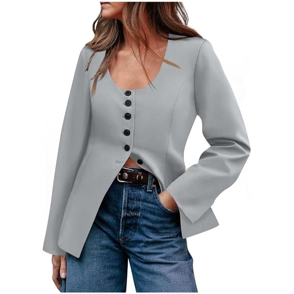 Women's Solid Color U-Neck Cardigan Blazer with a Button Front and a Sleek Pocketless Design for a Chic Look