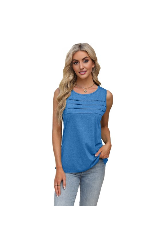 Women's Solid Color U-Neck Pleated Tank Top - Stretchy Sleeveless with Ruching Detail