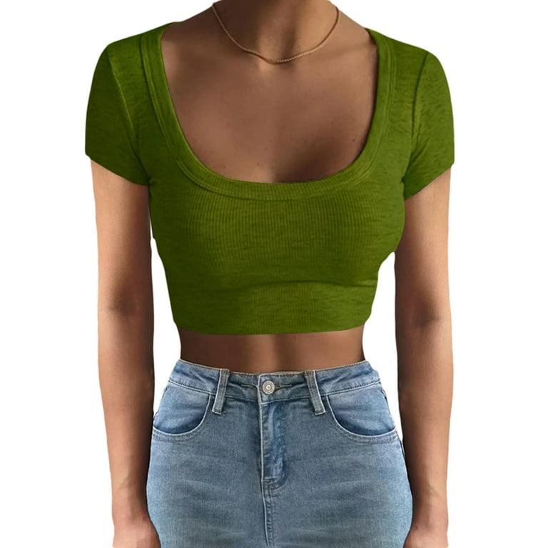 O neck Short sleeve T-shirt Woman Solid Color Slim Crop Top t
