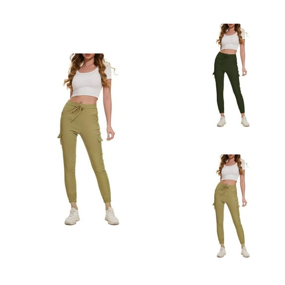 Women's Solid Color Utility Loose Fit Elastic Waist Drawstring Pocket Long Pants Casual Trousers Casual Pants For Women