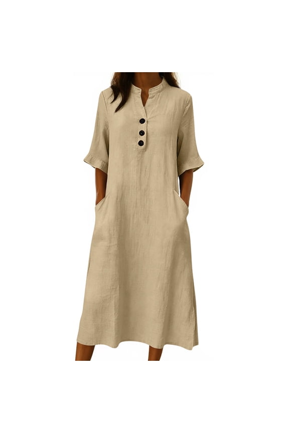 Women's Solid Color V Neck 3/4 Ruffled Sleeve Dress Button Detail with Pockets for Spring Summer Daily Office Weekend Casual Outings Brown L