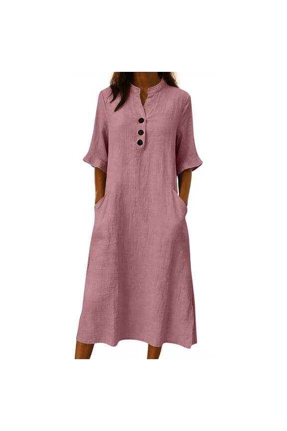 Women's Solid Color V Neck 3/4 Ruffled Sleeve Dress Button Detail with Pockets for Spring Summer Daily Office Weekend Casual Outings Pink L