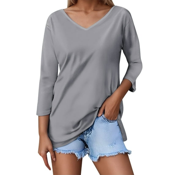 Women's Solid Color V Neck 3/4 Sleeve T-Shirt - Classic V-Neck, Lightweight Breathable Fabric, Versatile for Jeans/Skirts, True to Size