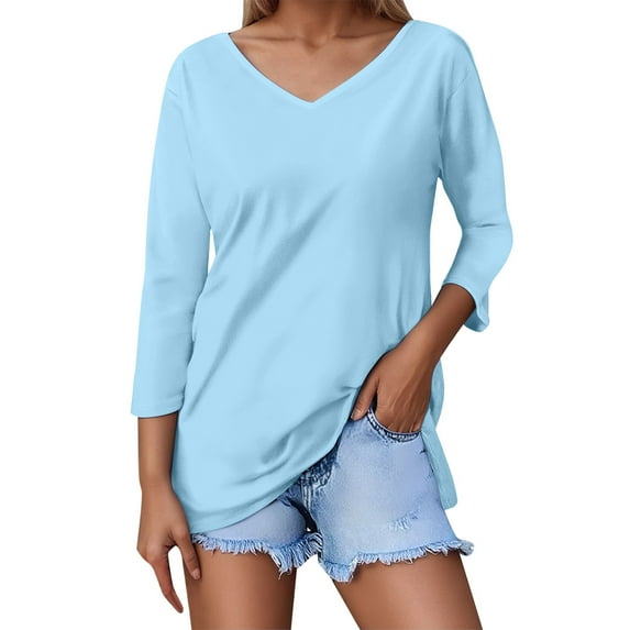 Women's Solid Color V Neck 3/4 Sleeve T-Shirt - Classic V-Neck, Lightweight Breathable Fabric, Versatile for Jeans/Skirts, True to Size