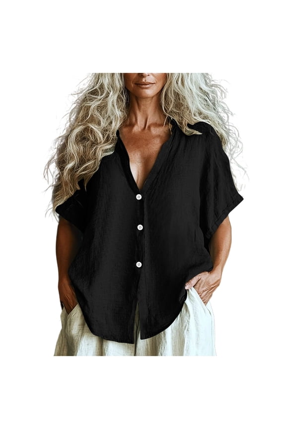 Women's Solid Color V Neck Button Down Blouse Tops Shirts Mid Sleeve Loose Fit Professional Business Casual Work Office Attire Modern Chic Aesthetic Wardrobe Staple for All Seasons