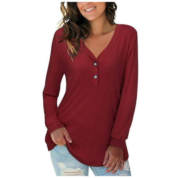 Women's Solid Color V-Neck Button Causal Long Sleeve Tops Blouse Loose Womens T Shirt