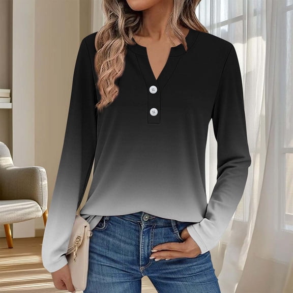 Women's Solid Color V-Neck Button Detail Long Sleeve T-Shirt, Casual Loose Fit Blouse with Tummy Control, Comfortable Cotton Blend Top for Daily Wear Black XXL