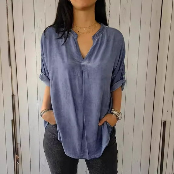 Women's Solid Color V Neck Button Split And Linen Plus Size Shirt Shirt Button down Shirt Dress Long Sleeve for Women Baseball Shirts for Women Long Sleeve 2 Shirts for Women Womens Construction