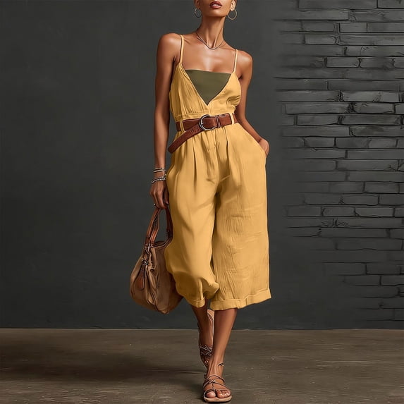 Women's Solid Color V-Neck Camisole Jumpsuit with Wide Legs, Quarter Waistband, and Pocket