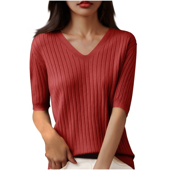 Women's Solid Color V-Neck Five-Point Sleeve Casual Shirt, Stylish and Comfortable Top for Spring and Summer, Versatile Everyday Wear, Lightweight and Breathable Blouse for Casual Outings or Work