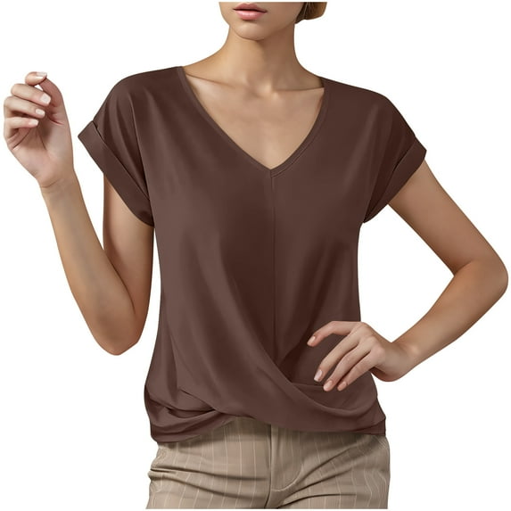 ZQUUVOU Women's Solid Color V-Neck Five-Point Sleeve Casual Shirt Top B-Coffee