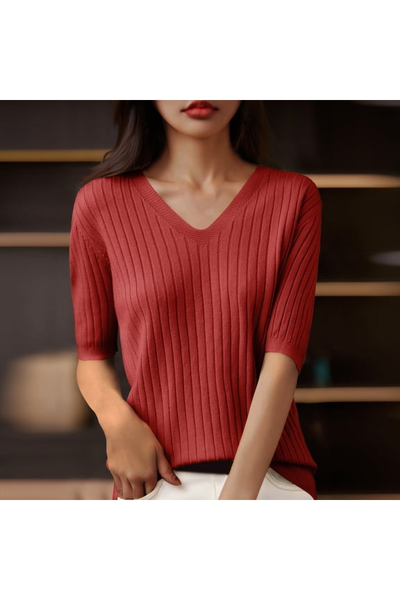 Women's Solid Color V Neck Five Point Sleeve Casual Shirt Top Button Down Blouse Comfortable Summer T Shirt Feminine Basic