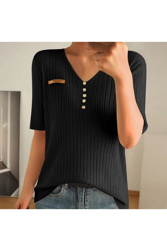 Women's Solid Color V Neck Five Point Sleeve Casual Shirt Top Button Down Blouse Comfortable Summer T Shirt Feminine Basic