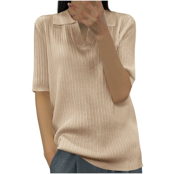 Women's Solid Color V-Neck Five-Point Sleeve Casual Shirt Top, Stylish and Comfortable Blouse for Spring and Summer, Versatile and Breathable Everyday Wear, Perfect for Work or Casual Outings