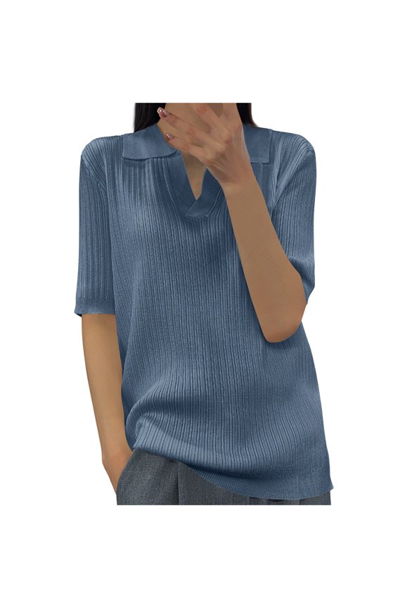 Women's Solid Color V-Neck Five-Point Sleeve Casual Shirt Top, Stylish and Comfortable Blouse for Spring and Summer, Versatile and Breathable Everyday Wear, Perfect for Work or Casual Outings