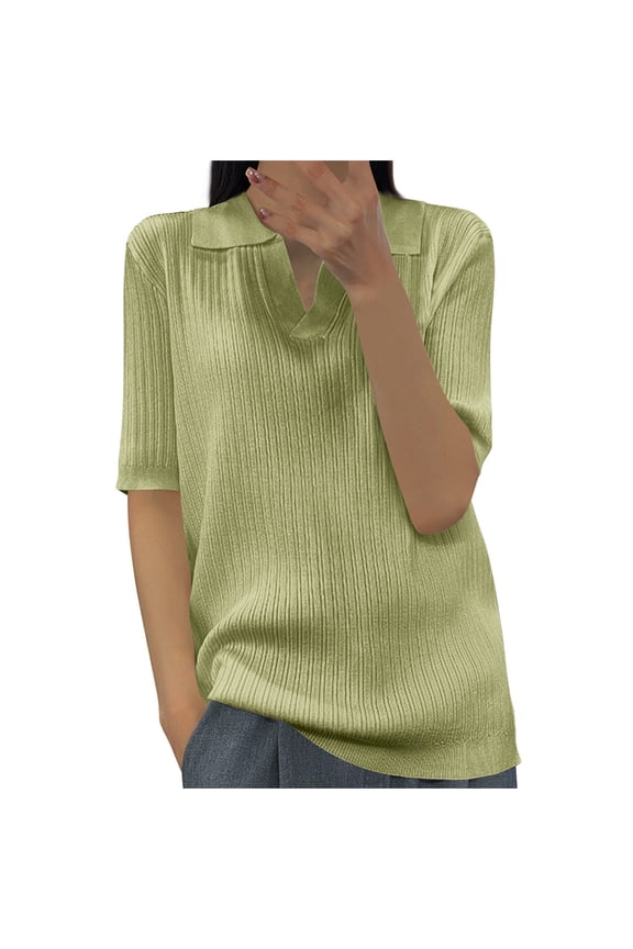 Women's Solid Color V-Neck Five-Point Sleeve Casual Shirt Top, Stylish and Comfortable Blouse for Spring and Summer, Versatile and Breathable Everyday Wear, Perfect for Work or Casual Outings