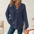 thumbnail image 1 of Women's Solid Color V Neck Hoodies Long Sleeve Oversize Ribbed Fashion Button Up Waffle Knit Pullover Sweaters Top (M, Navy), 1 of 6