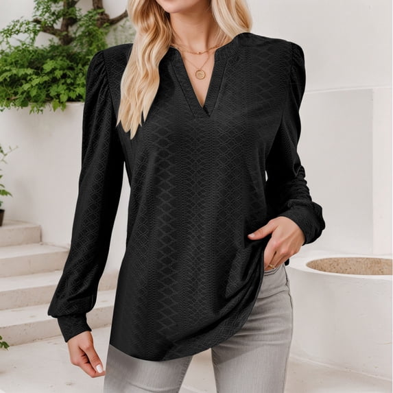 Women's Solid Color V Neck Jacquard Fabric Loose Long Sleeved T Shirt Top Turtle Neck Top Pack for Women 2 T Top Women Summer Workout Clothes Women Compression Shirts Women Long Sleeve Casual T Shirts
