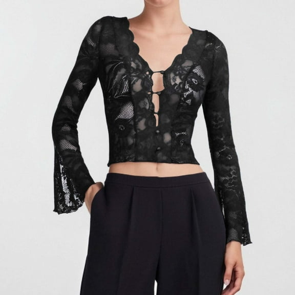Women's Solid Color V Neck Lace Long Sleeve Top Elegant Slim Fit Blouse For Casual Or Formal Wear 1 Long Sleeves Shirt Women Women Fit T Shirts Shirts Women Casual Long Sleeve Shirts Womens Active