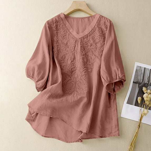 Women's Solid Color V Neck Literary Five Quarter Sleeve Top Juniors Graphic Tops Long Sleeve Shirts Loose Fit Short Sleeve Women Short Sleeve Athletic Shirt Short Sleeve Running Shirts Women