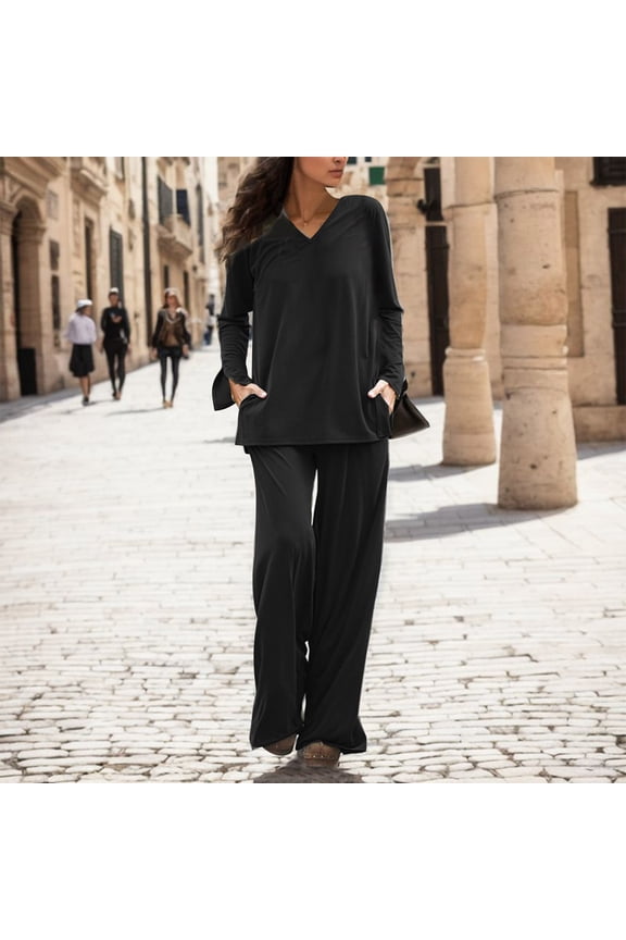 Women's Solid Color V Neck Long Sleeve Top And Wide Leg Pants Set Bridal Pants for Wedding Womens Tuxedo Suit Set Pant Suits for Women Dressy Elegant plus Size Pant Suits for Women Wedding Guest Two