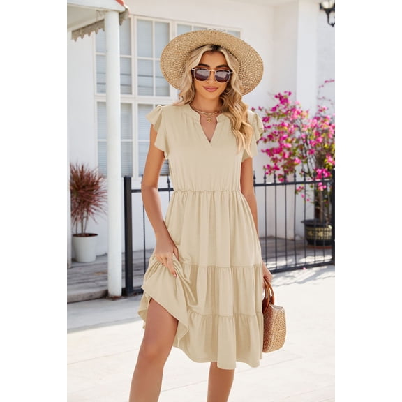 New Women's Solid Color V-Neck Loose Short-Sleeved Waist Stitching Dress