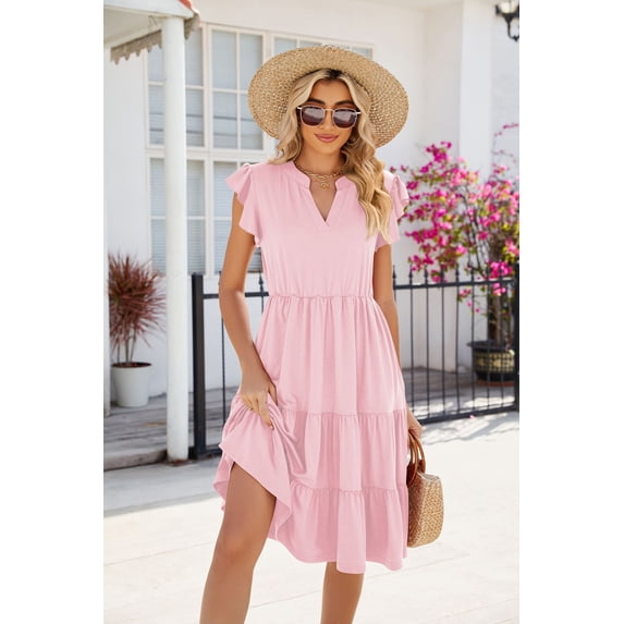 New Women's Solid Color V-Neck Loose Short-Sleeved Waist Stitching Dress