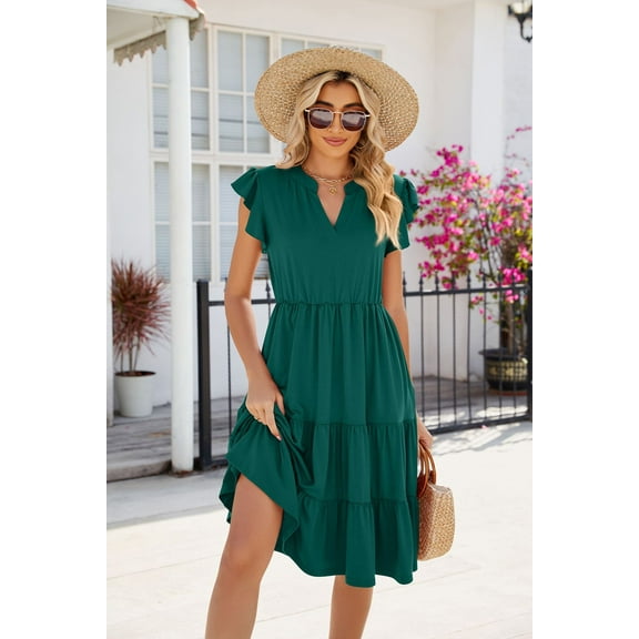 New Women's Solid Color V-Neck Loose Short-Sleeved Waist Stitching Dress