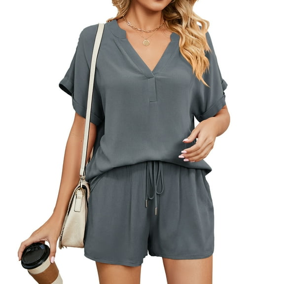 New Women's Solid Color V-Neck Loose T-Shirt Shorts Home Leisure Suit