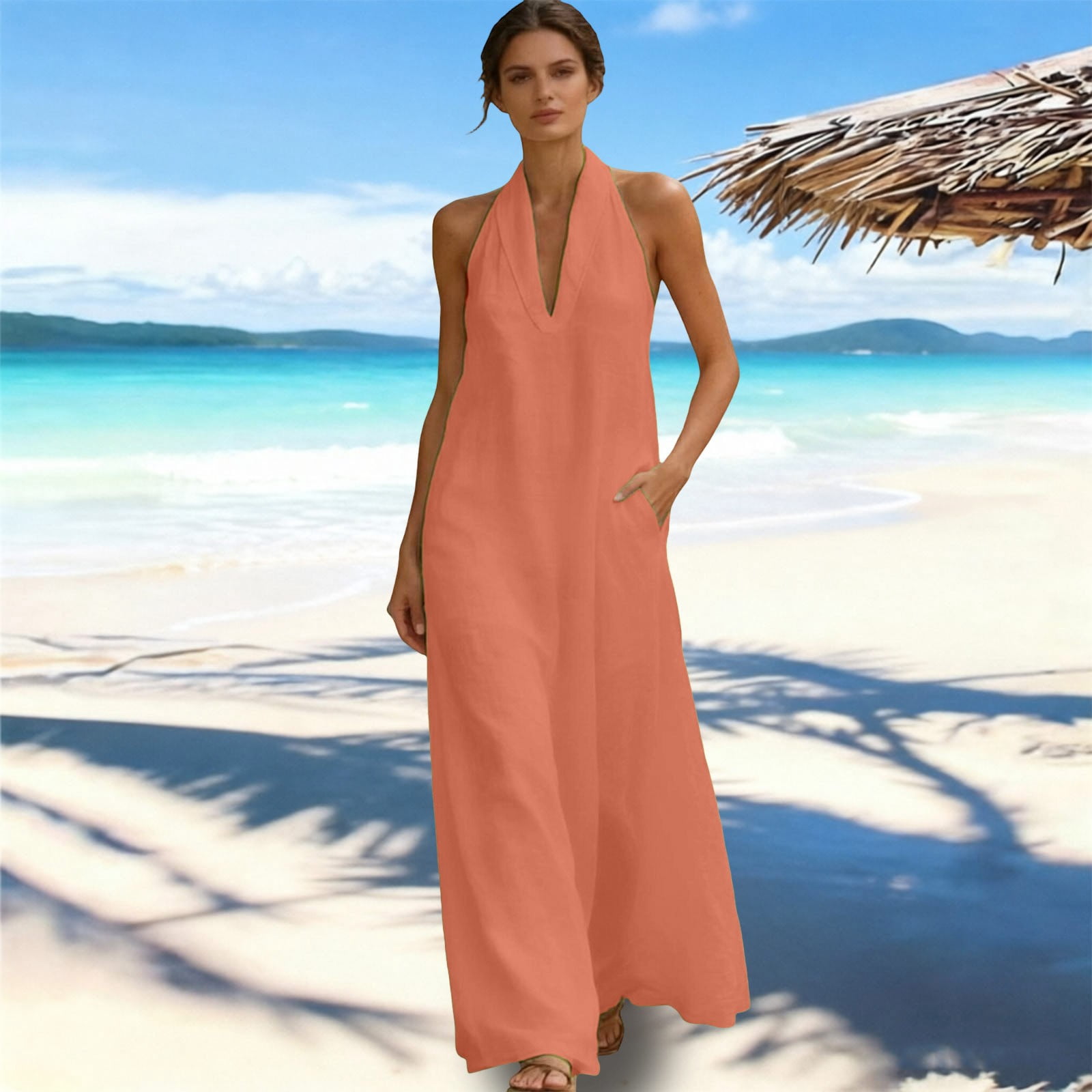 beach cover up dress with pockets O'Neill Women's Saltwater Solids Sai Maxi Cover-Up Dress in Carob Brown, Size Small