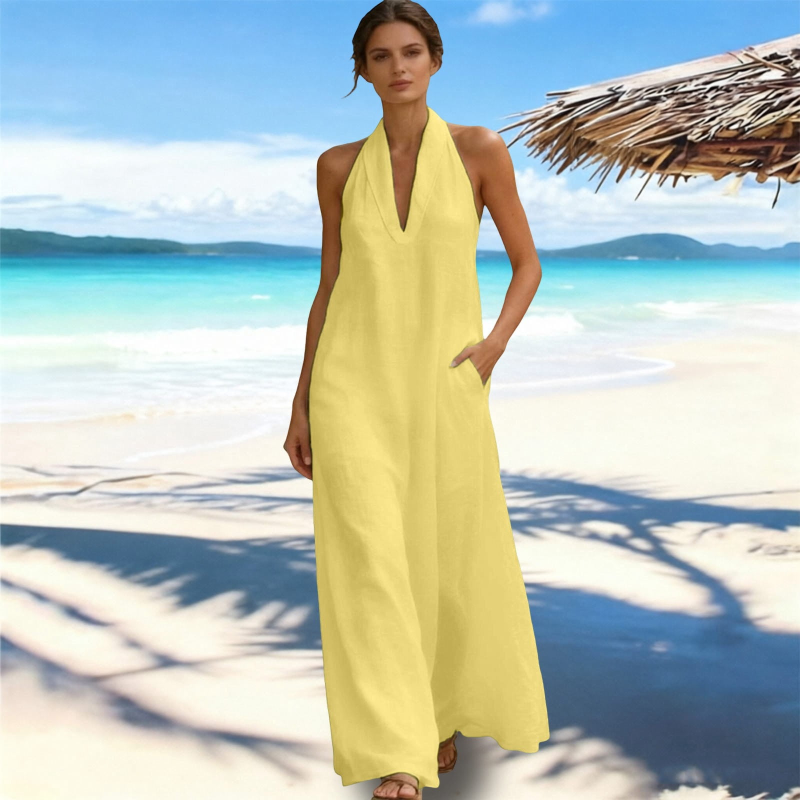 halter beach cover up dress Women's Solid Color V-Neck Maxi Dress – Sleeveless Halter Neck Beach Cover  Up – Casual Summer Long Dress with Pockets – Size S-XXL
