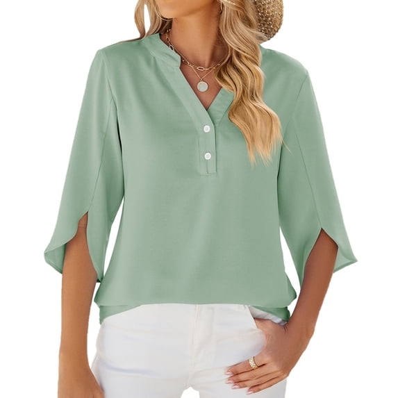 Women's Solid Color V-Neck Mid-Sleeve Chiffon Top Ladies Chiffon Shirt