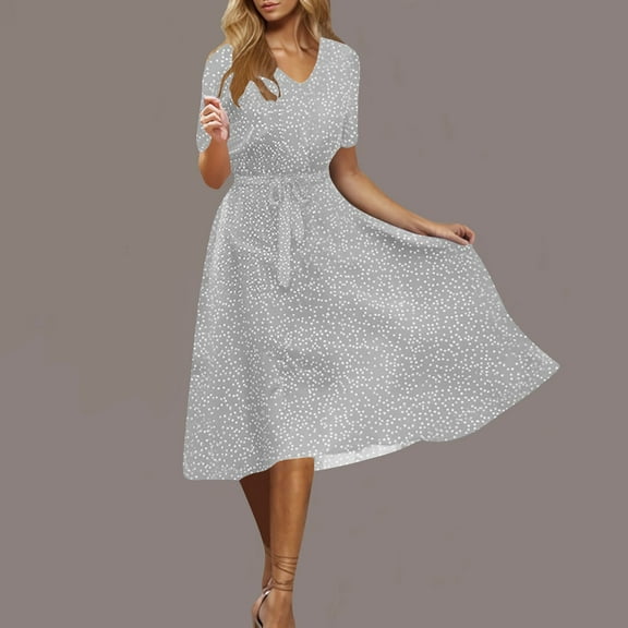 DailyTrove Women's Solid Color V-Neck Midi Dress, Short Sleeve, Casual Daily & Office Wear, Stretchy Jersey Fabric, Fit & Flare