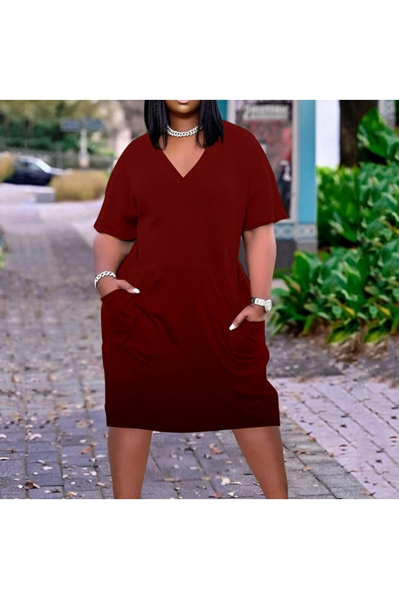 Women's Solid Color V-Neck Midi Dress, Short Sleeve, Casual Office & Daily Wear, Stretchy Jersey Fabric, Pocketed, Relaxed Fit