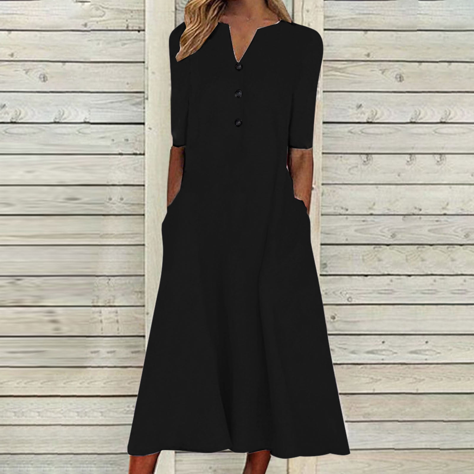 Dailytrove Women's Solid Color V-Neck Midi Dress, Short Sleeve, Casual Office & Evening Wear, Stretchy Jersey Fabric, Side Slit, Size: DT-2XL