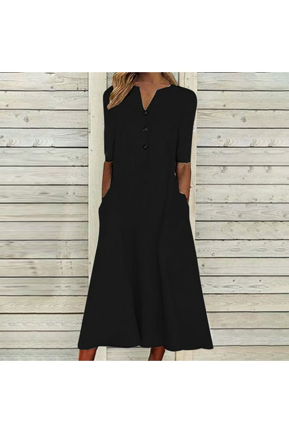 Women's Solid Color V-Neck Midi Dress, Short Sleeve, Casual Office & Evening Wear, Stretchy Jersey Fabric, Side Slit