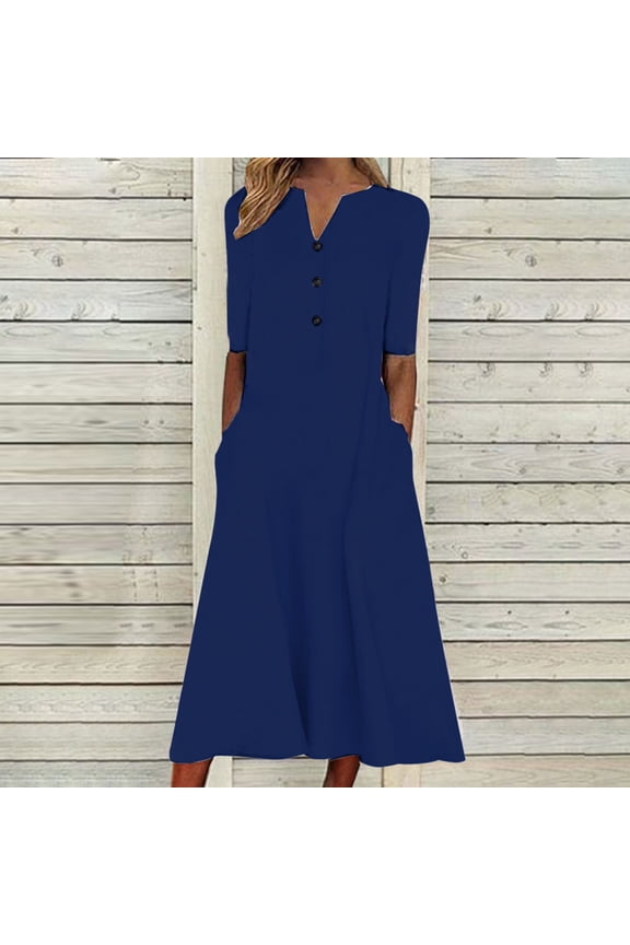 Women's Solid Color V-Neck Midi Dress, Short Sleeve, Casual Office & Evening Wear, Stretchy Jersey Fabric, Side Slit