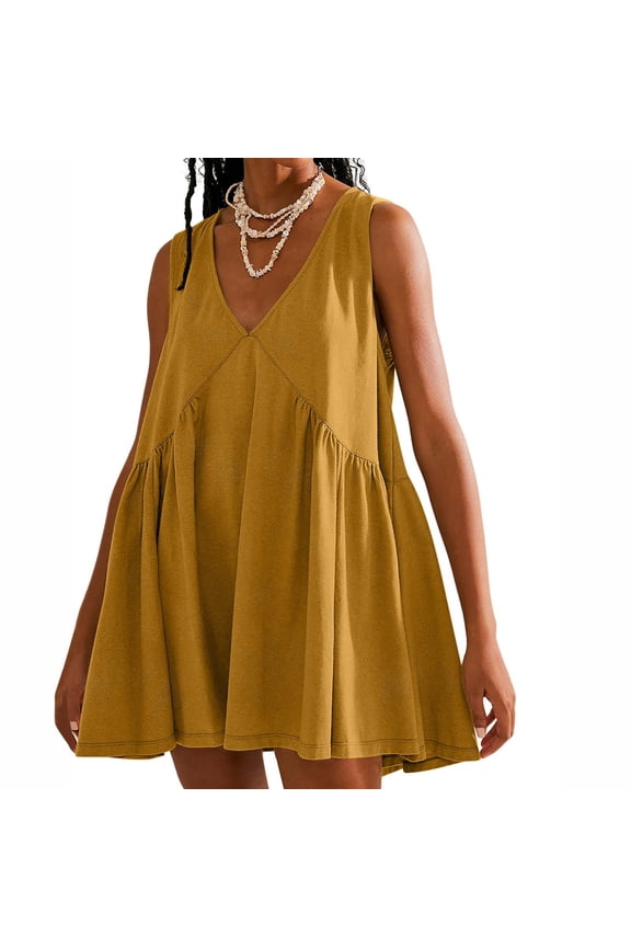 Women's Sleeveless V-Neck Swing Dress, Solid Color, Summer Casual & Picnic Wear, Flattering Fit