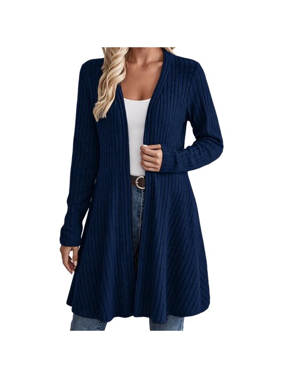 Women's Solid Color V‑Neck Open Front Long Sleeve Longline Cardigan, Casual Duster Outerwear with Side Pockets Navy XL