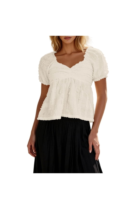 Women's Solid Color V‑Neck Puff Short Sleeve Top Ruched Bust Loose Peplum Hem Casual Cropped Blouse Beige M(M)