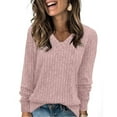 thumbnail image 1 of Women’s Solid Color V Neck Pullover – Long Sleeve Casual Blouse with Vertical Stripe Texture, Soft Comfortable Loose Fit Shirt for Daily, Office, or Travel Pink, 1 of 5