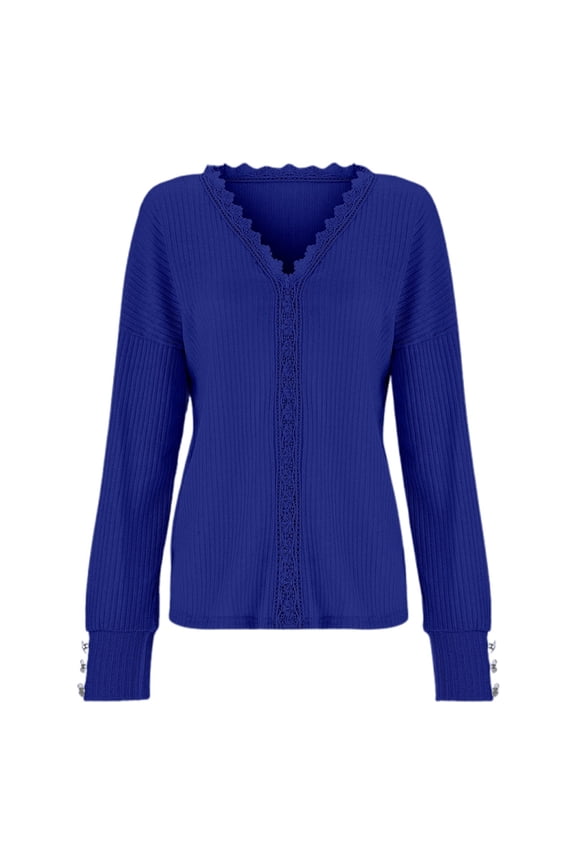 Women's Solid Color V-Neck Pullover - Long Sleeve Lace Panel, Soft Comfortable Ribbed Knit Sweater & St Patricks Day Sweater,Size:XXL