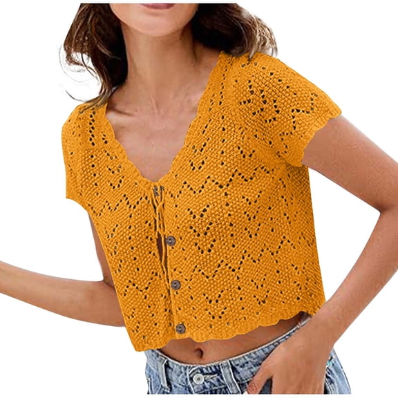Women's Solid Color V-Neck Short Sleeve Knit Cardigan Sweater For Layering