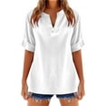 thumbnail image 1 of Women's Solid Color V Neck Short Sleeve Linen Blend Blouse Stylish And Comfortable For Casual Wear, 1 of 2